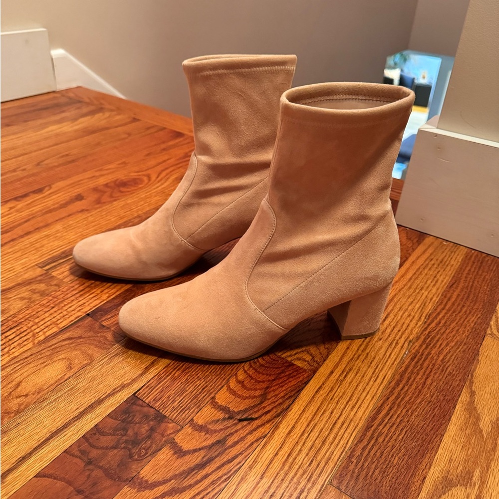 Stuart Weitzman Siggy suede sock booties in Golden Beige